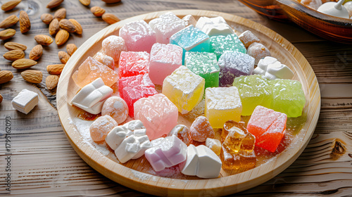 A vibrant combination consisting of Turkish delight, with colorful candies in the middle, surrounded by white chunks, dotted with almonds, placed on a wooden plate, illuminated by natural light with s