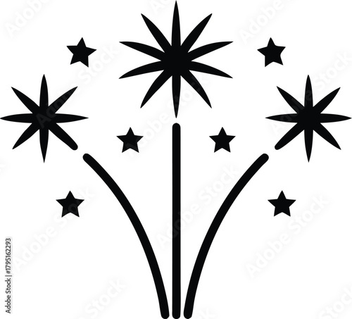 Set of firework silhouette vector illustration icons.Fireworks with stars and sparks isolated on white background.Firework simple black line icons.