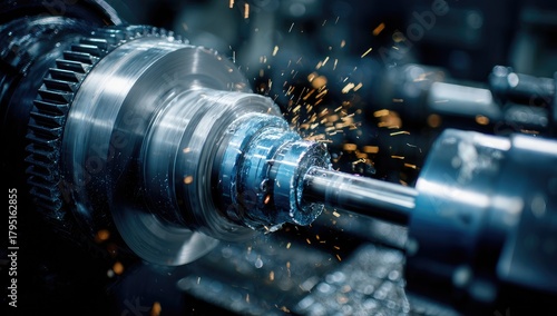 Close-up of a lathe machining metal, with sparks flying and intricate details visible