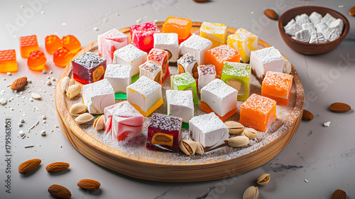 A vibrant combination consisting of Turkish delight, with colorful candies in the middle, surrounded by white chunks, dotted with almonds, placed on a wooden plate, illuminated by natural light with s