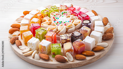 A vibrant combination consisting of Turkish delight, with colorful candies in the middle, surrounded by white chunks, dotted with almonds, placed on a wooden plate, illuminated by natural light with s