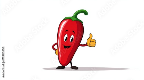 A red cartoon chili pepper with a cheerful smile and big eyes gives a 