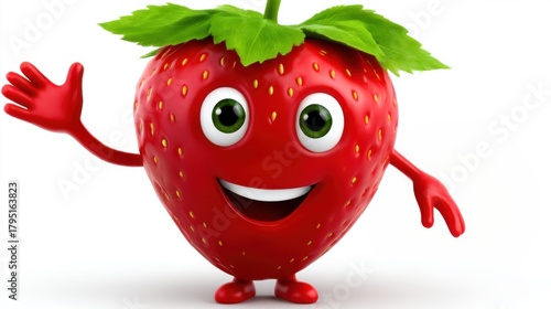 Весёлый клубничный персонаж с ручками и ножками, машущий в знак приветствия. Красная, сочная и выразительная иллюстрация для стоковых ресурсов.