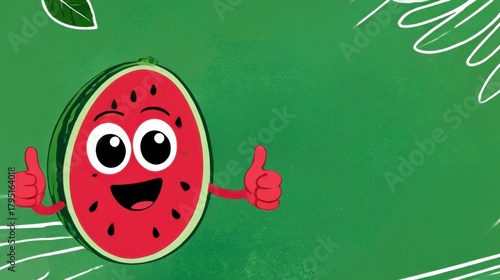 A cheerful, big-eyed watermelon character gives a 