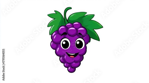 A close-up of a cute cartoon grape with big eyes and a wide smile. A bright purple mascot with green leaves for children's design and packaging.