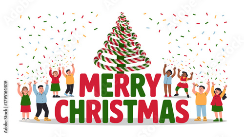 Festive Christmas Celebration: A joyful illustration captures the spirit of the season, showcasing a diverse group of individuals gathered to celebrate and share festive cheer under a Christmas tree.