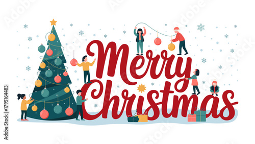 Christmas cheer and festive decorations: Capture the essence of the season with children as they decorate a christmas tree. with snowfall and Merry Christmas typography to celebrate the holiday.