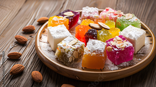A vibrant combination consisting of Turkish delight, with colorful candies in the middle, surrounded by white chunks, dotted with almonds, placed on a wooden plate, illuminated by natural light with s