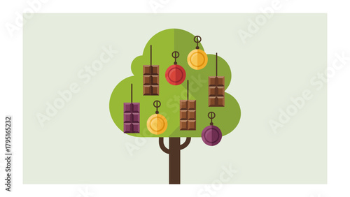 Chocolate and Medal Tree: A whimsical illustration of a tree laden with chocolate bars and medals, symbolizing rewards and achievements in a unique and playful manner.