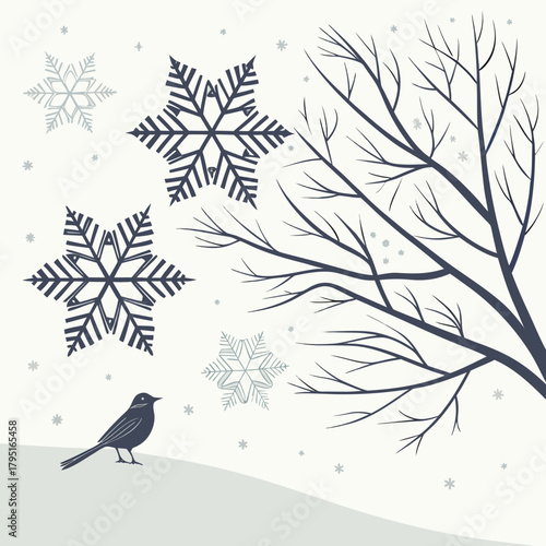 Lone bird stands on snowy ground beneath bare winter branches and large decorative snowflakes