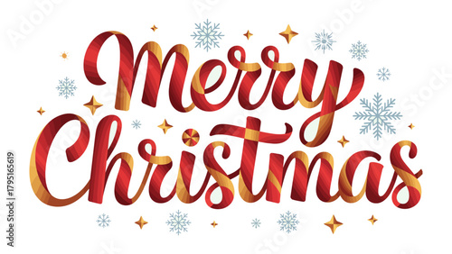 Joyful Christmas Greeting: Festive calligraphy spells out Merry Christmas, adorned with elegant ribbons, snowflakes, and twinkling stars, evoking the warmth and cheer of the holiday season.