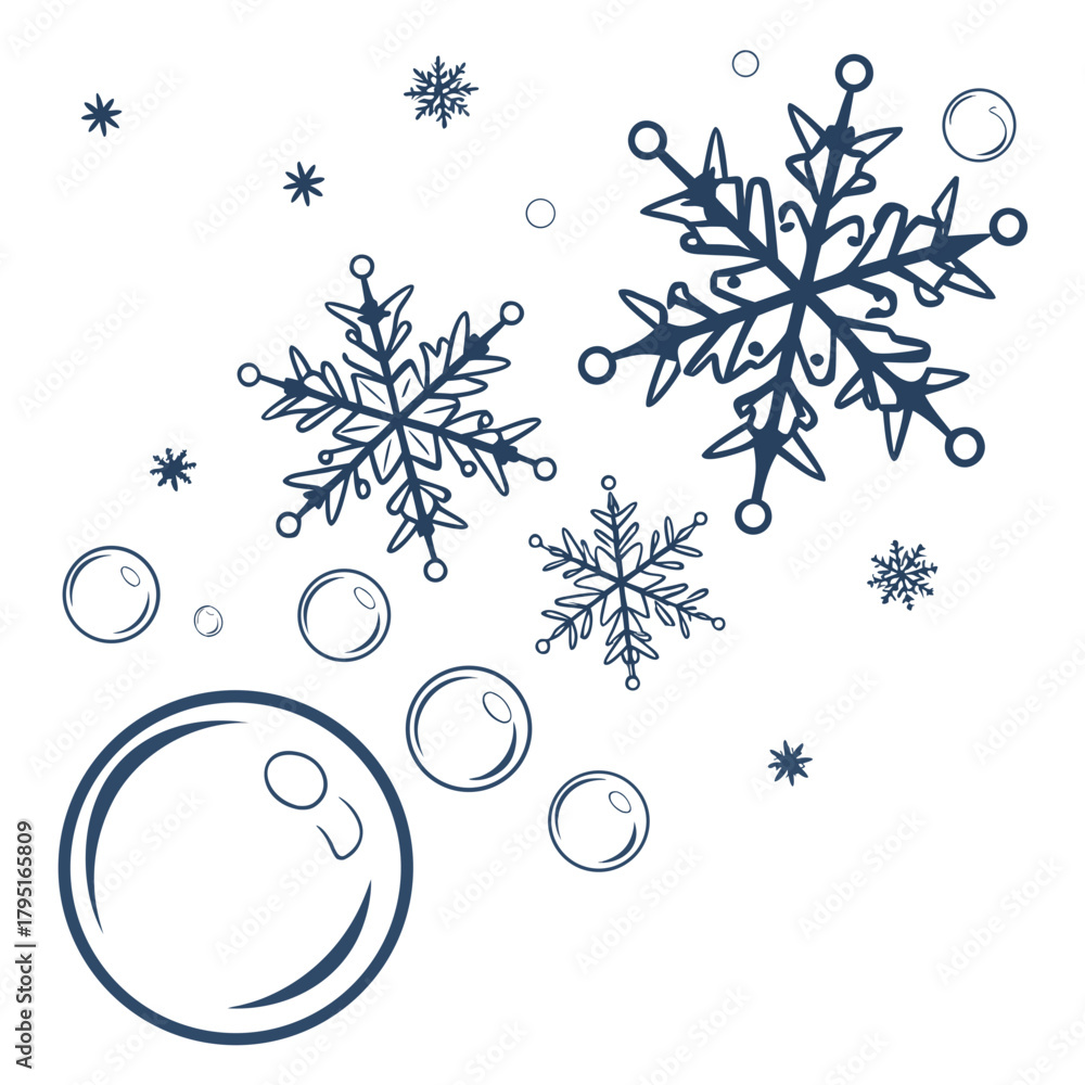 Fototapeta premium Delicate blue line art snowflakes and bubbles scattered across a clean white background