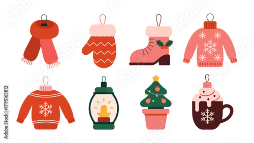 Festive Embellishments: Adornments of cheer, where a scarf, mitten, boot, and sweater each wear a festive charm. a lamp and festive tree enhance the holiday spirit, finished by a cup of warmth.