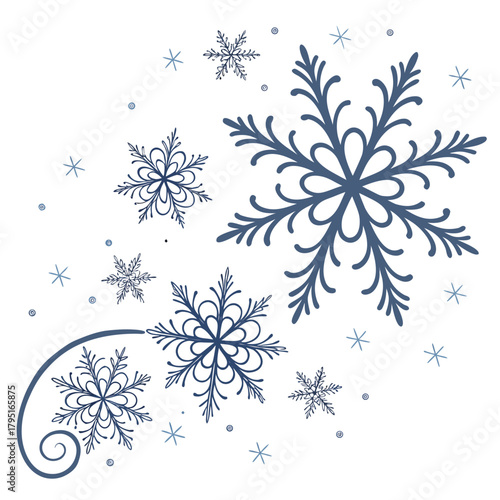 Decorative blue snowflakes and swirls scattered across a white background for winter holiday design