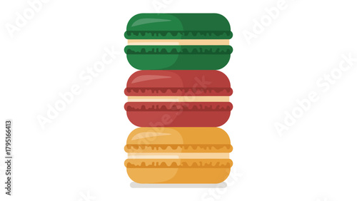Colorful Tower of Macarons: A vibrant stack of three exquisitely crafted macarons, showcasing layers of flavors and artistic design.