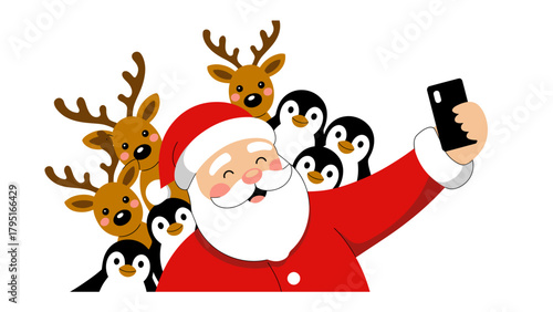 Santa's Festive Selfie: Jolly Santa Claus captures a cheerful selfie with his reindeer friends and penguin pals, spreading holiday cheer and creating lasting memories.