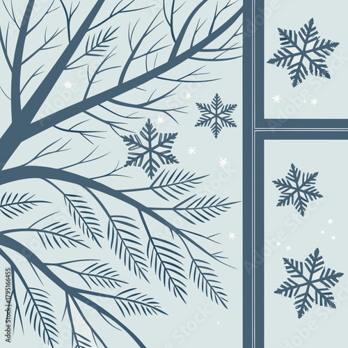 Stylized dark blue tree branches and pine needles with falling snowflakes against a pale blue background