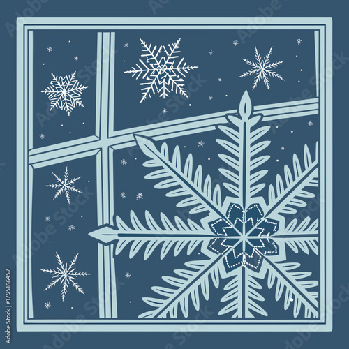 Stylized snowflake illustration with intricate details seen through a window pane on a dark blue background