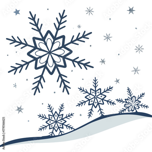 Whimsical dark blue snowflakes falling on snowy hilltop with starry night sky background