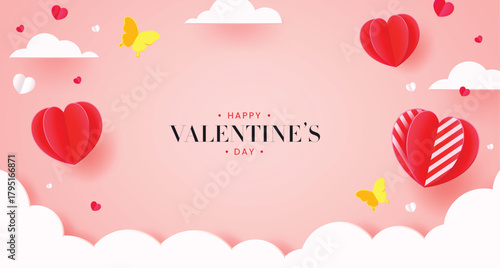 "Happy Valentine's Day" background with floating 3D red paper-cut hearts, clouds, and butterflies on a pastel pink backdrop.