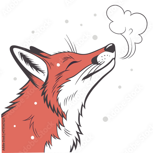 Stylized illustration of a red fox exhaling a cloud of steam in a snowy environment