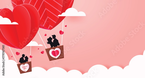 Romantic Valentine's Day background featuring two couples in heart-shaped hot air balloons floating over clouds on a pink sky.