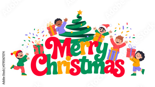 Christmas Cheer with Gifts and Fun: A colorful Christmas scene, complete with a festive Christmas tree and delighted children exchanging presents.