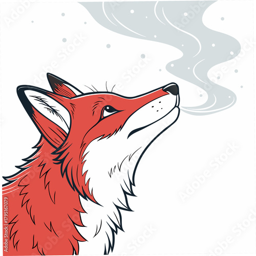 Stylized red fox exhaling steam or smoke in a minimalist winter scene with falling snow