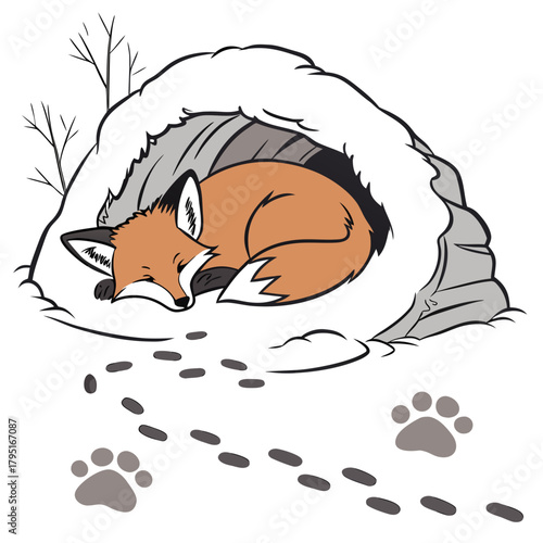 Cute cartoon fox sleeping peacefully in a snowy den with paw prints and bare branches