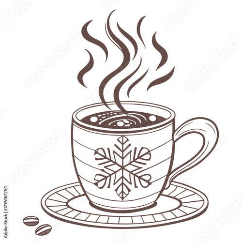 Cozy winter coffee cup with snowflake design and steaming hot beverage on saucer with beans