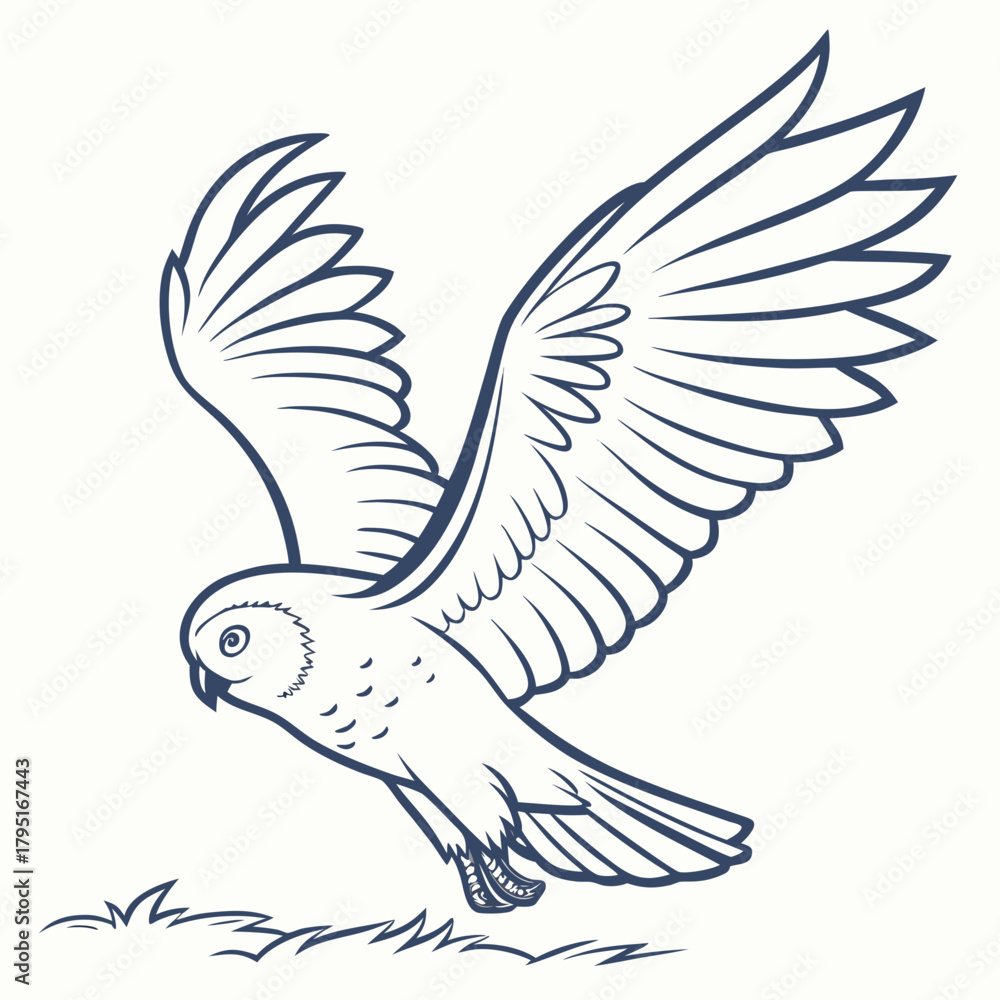 Fototapeta premium Stylized outline drawing of a snowy owl in flight with wings spread wide over grass