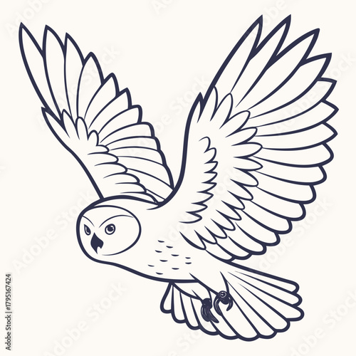 Stylized line art illustration of a barn owl in flight with wings spread wide against a plain background