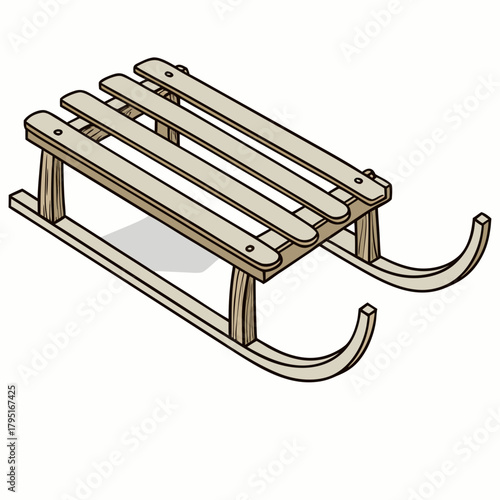 Classic wooden sled with curved runners and a slatted seat isolated on white background