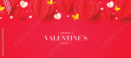 "Happy Valentine's Day" banner with a top border of 3D red paper-cut hearts, confetti, and yellow butterflies on a vibrant red background.