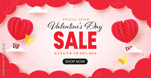 Valentine's Day Sale banner advertising a special offer with heart-shaped hot air balloons and "SAVE UP TO 50% OFF" text.
