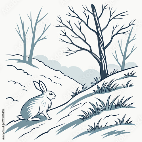 Obraz na płótnie A lone white rabbit sits on a snowy hillside surrounded by bare trees and sparse