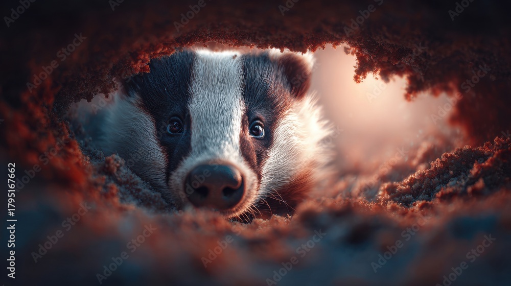 Obraz premium Badger Head Peeking from Burrow Tunnel