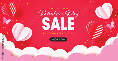 Valentine's Day Sale horizontal banner advertising a special offer with floating 3D paper-cut hearts and pink clouds.