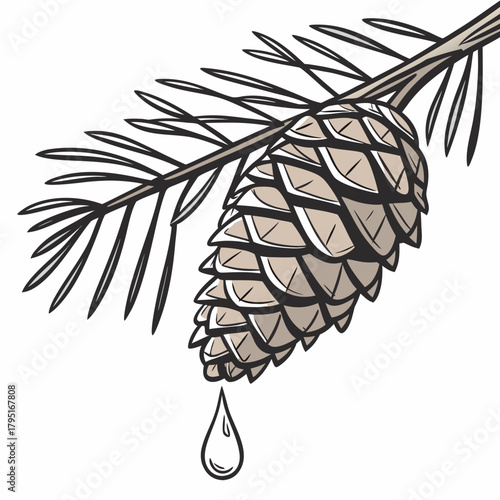 Illustration of a pine cone on a branch with a drop of resin falling from it