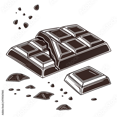 Delicious dark chocolate bar broken into pieces with melted chocolate dripping and scattered crumbs on white background