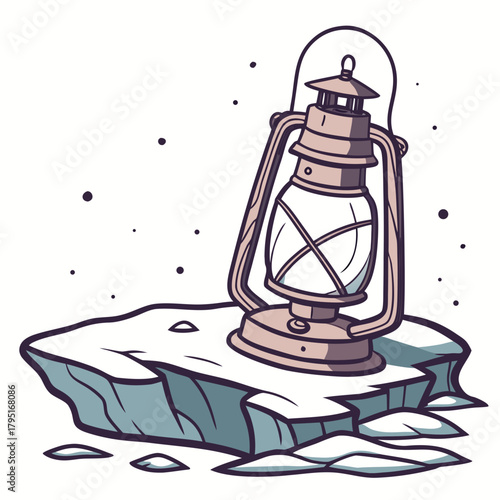 Vintage oil lantern sits on a cracked ice floe with falling snow dots