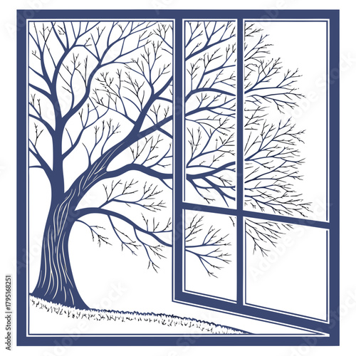 Stylized bare tree branches seen through a dark blue window frame in a minimalist design