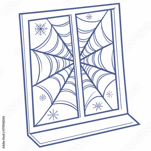 A simple line drawing of a window frame with spiderwebs and snowflakes inside on a white background