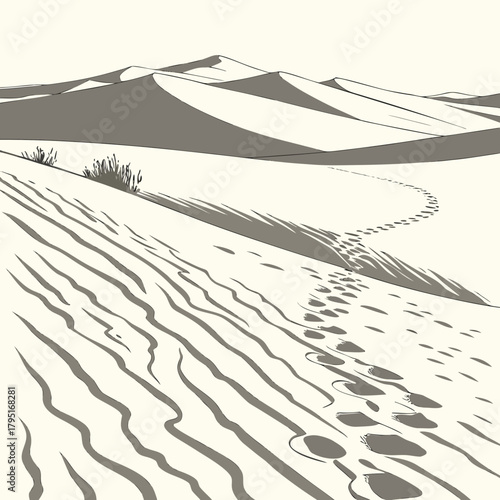 Footprints leading across rolling sand dunes in a stylized desert landscape with sparse vegetation