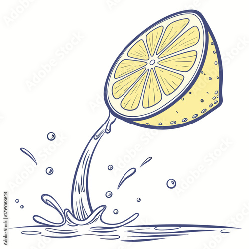 Fresh lemon slice dripping juice and splashing into water with bubbles and drops