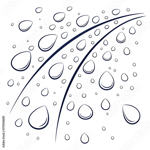 Abstract illustration of water droplets and curved lines on a white background