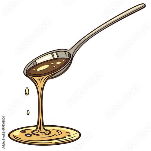 A metal spoon holding golden liquid honey dripping down onto a white background