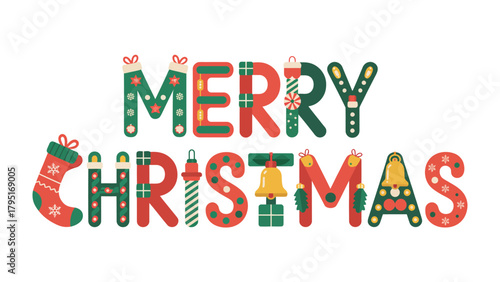 Festive Christmas Greeting: A whimsical, vibrant illustration spells out Merry Christmas, a colorful design. conveying the festive spirit of the holiday season.