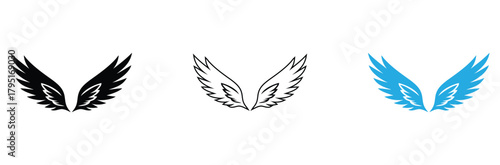 Angel wings set for freedom symbol with black, outline, and vibrant blue styles, soaring high for spiritual concepts and creative design projects