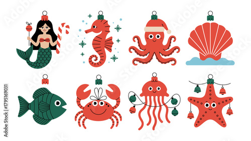 Ocean Christmas Ornaments: Delightful Christmas ornaments depicting marine creatures, exuding the festive spirit of the holidays with a whimsical touch.